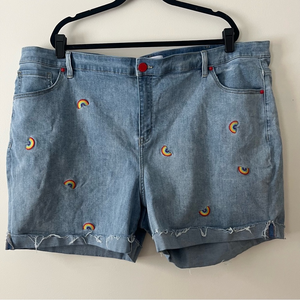 Lane Bryant Rainbow Embroidered Denim Shorts Plus Size 26 Rolled Hem Stretch
